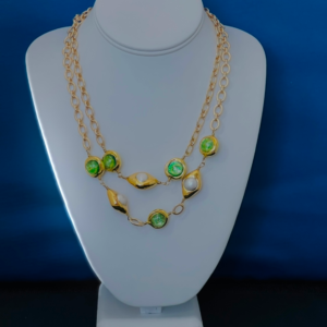 Natural Green Murano Glass Gold Plated Brushed Beads Necklace